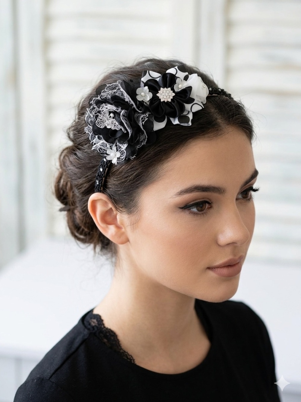 Black & White Floral Lace Decorative Headband goth monochromatic